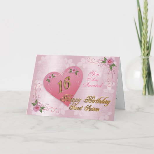 Sweet 16 feestuitnodiging roze harten en rozen (Voorkant)