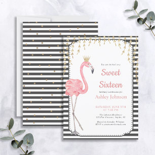 Sweet 16 Flamingo Black & White Pink Gold Birthday Kaart