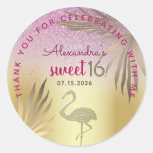 Sweet 16 Flamingo Goud Roze Dank Je Ronde Sticker