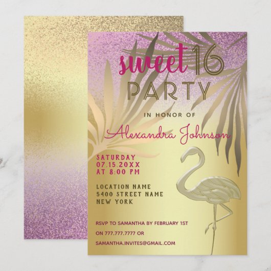 Sweet 16 Flamingo Pink and Gold Glitter Kaart (Voorkant / Achterkant)