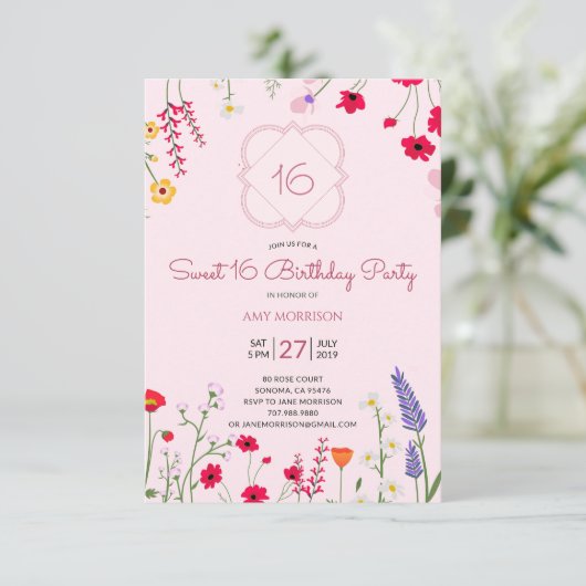 Sweet 16 Floral Birthday Party Kaart (Staand voorkant)