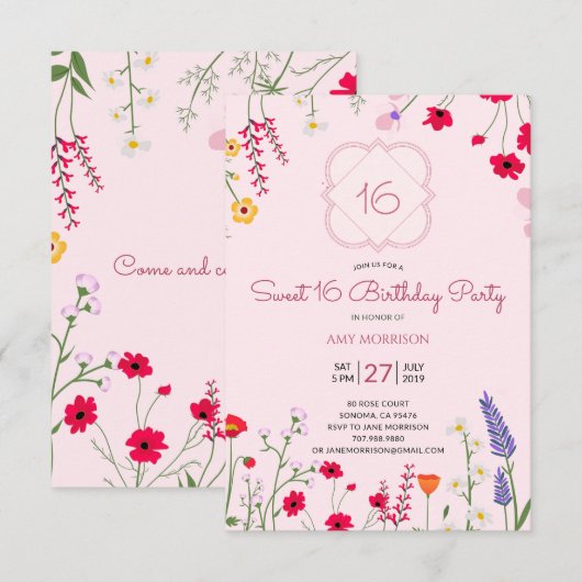 Sweet 16 Floral Birthday Party Kaart (Voorkant / Achterkant)