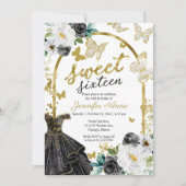 Sweet 16 Floral Dress Butterfly Black Gold Kaart (Voorkant)