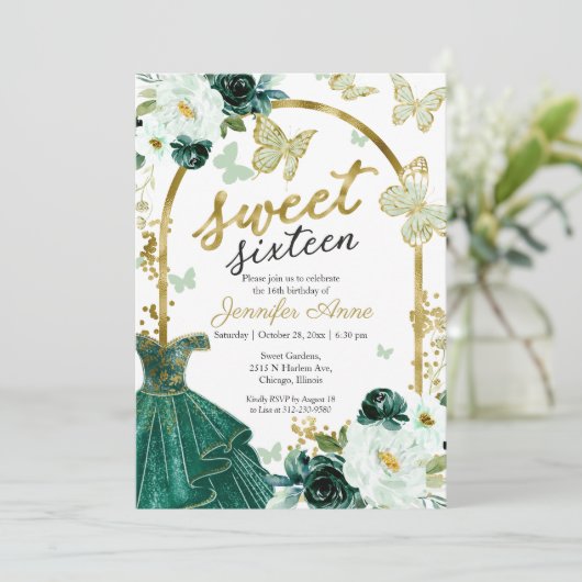 Sweet 16 Floral Dress Butterfly Emerald Green Kaart (Staand voorkant)