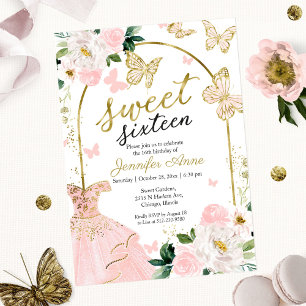 Sweet 16 Floral Dress Butterfly Invitation Kaart