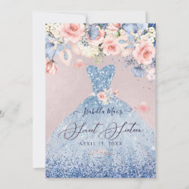 Sweet 16 Floral Dusty Blue Glitter Gown Kaart