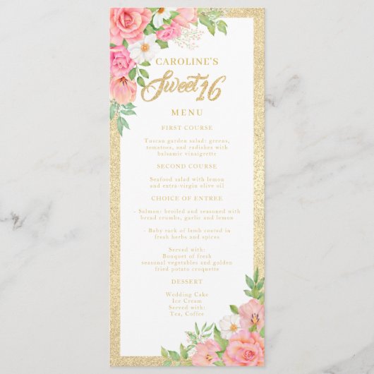 Sweet 16 Floral Elegant Roos Tulip Pink Floral Menu (Voorkant)