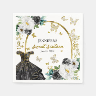 Sweet 16 Floral Gold Black Dress Butterfly Servet