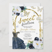 Sweet 16 Floral Navy Blue Dress Butterfly Kaart (Voorkant)