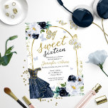 Sweet 16 Floral Navy Blue Dress Butterfly Kaart<br><div class="desc">Schattige, marineblauw en goudbloemige, zoete zestien verjaardagsfeestuitnodigingen. Eenvoudig aan te passen met uw details. Neem contact met me op via chat als je vragen hebt over het kunstwerk of je moet aanpassen. Controleer het collectie op meer items. OPMERKING: voor hulp bij bestellingen, verzendgegevens, productinformatie, enz., neemt u rechtstreeks contact op...</div>