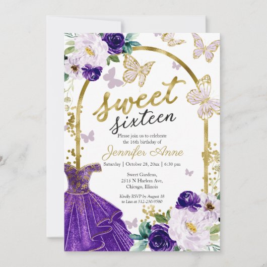 Sweet 16 Floral Paars Dress Butterfly Kaart (Voorkant)