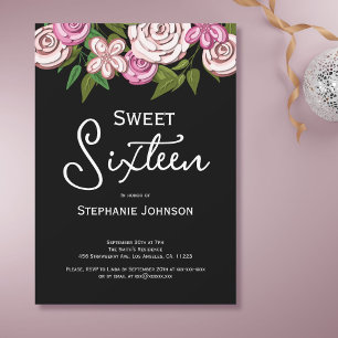 Sweet 16 Floral Pink Black Birthday Kaart