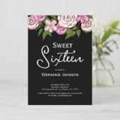 Sweet 16 Floral Pink Black Birthday Kaart (Staand voorkant)