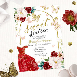 Sweet 16 Floral Red Dress Butterfly Kaart