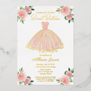 Sweet 16 Floral Waterverf Blush Pink Gold Folie Uitnodiging