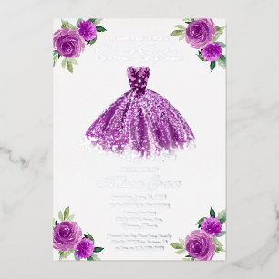 Sweet 16 Floral Waterverf Paars Gown Silver Folie Uitnodiging