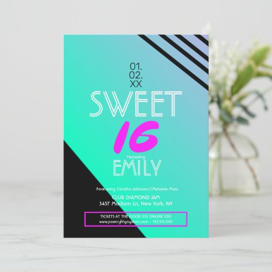 Sweet 16 Flyer Club Thema Geometrische Neon Strepe Kaart (Staand voorkant)