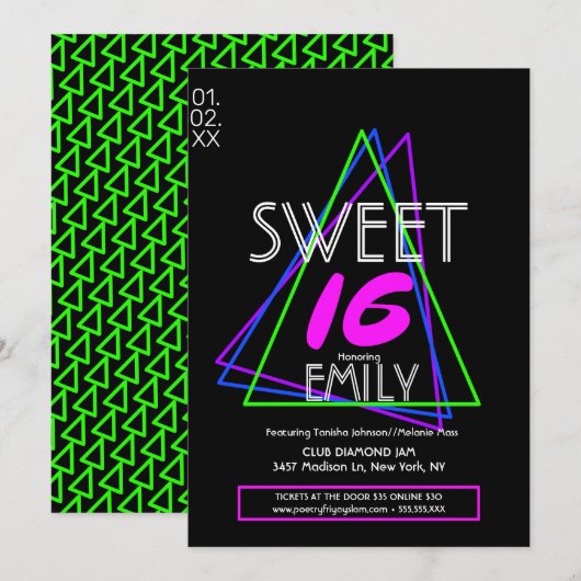 Sweet 16 Flyer Club Theme Geometrical Neon Kaart (Voorkant / Achterkant)