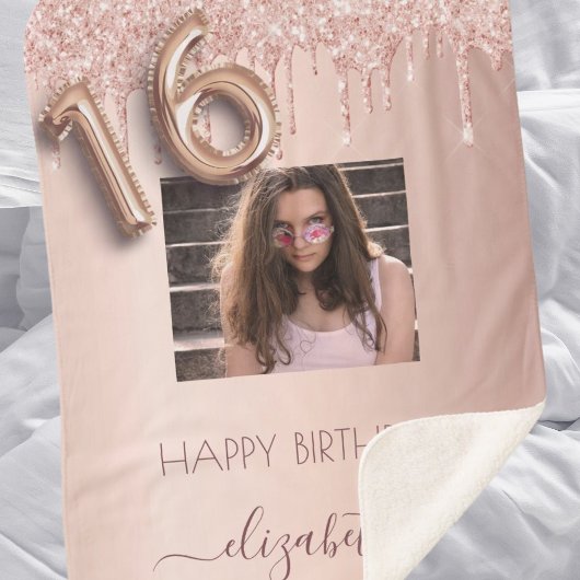 Sweet 16 foto blush roze rosé goud glitter sherpa deken