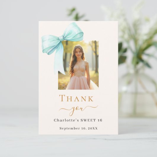 Sweet 16 foto boog blauwgroen groene crème bedankkaart (Staand voorkant)