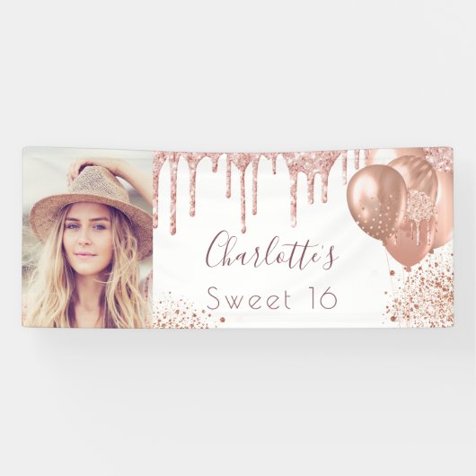 Sweet 16 foto roos goud glitter monogram wit spandoek (Horizontaal)
