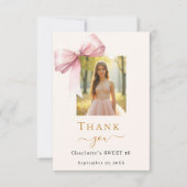 Sweet 16 foto roze strik crème bedankkaart (Voorkant)