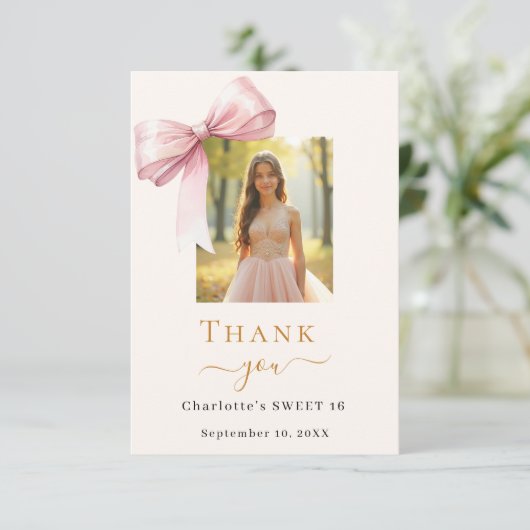 Sweet 16 foto roze strik crème bedankkaart (Staand voorkant)