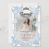 Sweet 16 foto uitnodiging | Dusty Blue Butterfly (Voorkant)