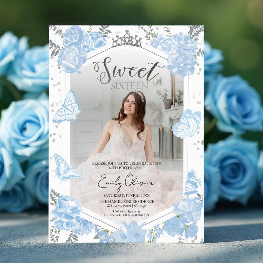 Sweet 16 foto uitnodiging | Dusty Blue Butterfly