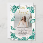 Sweet 16 foto uitnodiging Emerald groene vlinder (Voorkant)