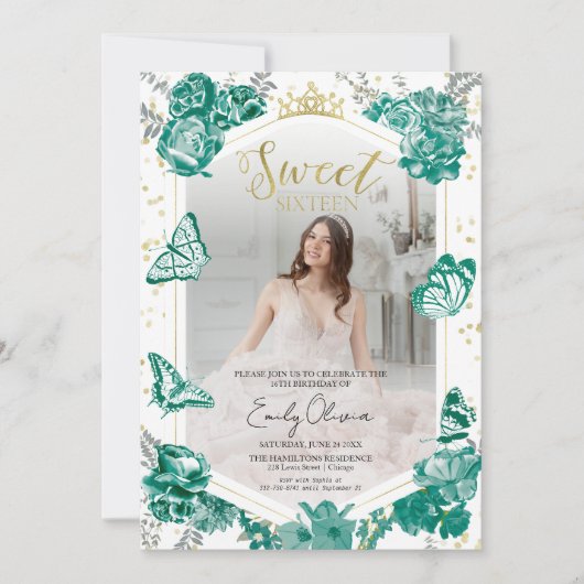 Sweet 16 foto uitnodiging Emerald groene vlinder (Voorkant)