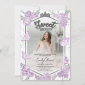 Sweet 16 foto uitnodiging vlinder lavendel (Voorkant)