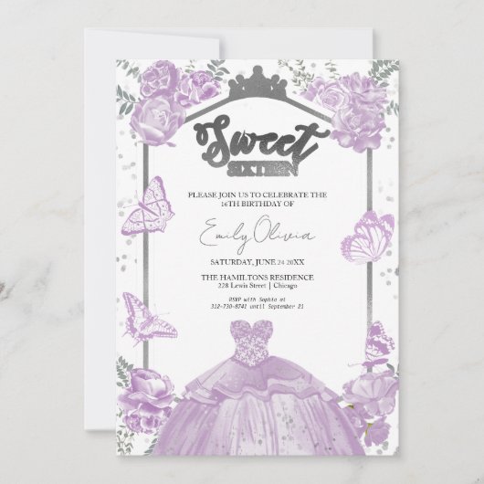 Sweet 16 foto uitnodiging vlinder lavendel jurk (Voorkant)