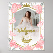 Sweet 16 foto Welkomstbord Vlinder Roze Bloemen Poster (Voorkant)