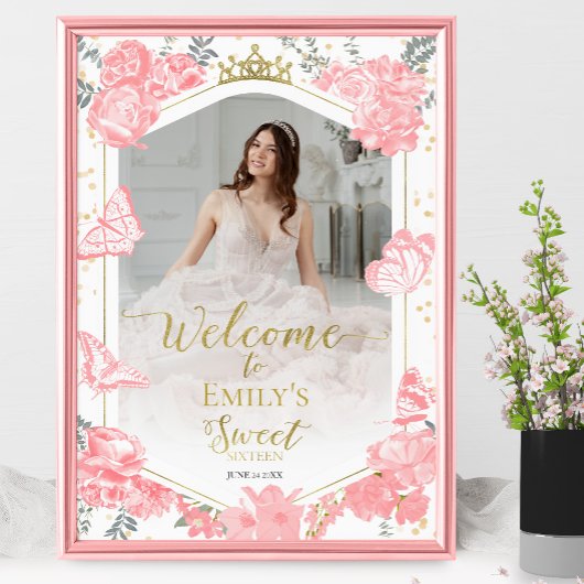 Sweet 16 foto Welkomstbord Vlinder Roze Bloemen Poster