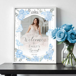 Sweet 16 foto Welkomstbord Vlinder Stoffig Blauw Poster