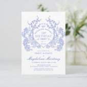 Sweet 16 Franse Blauwe Floral Crest Kaart (Staand voorkant)