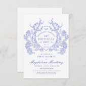 Sweet 16 Franse Blauwe Floral Crest Kaart (Voorkant / Achterkant)