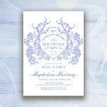 Sweet 16 Franse  Blauwe Floral Crest Kaart<br><div class="desc">Een sierlijke Franse  blauwe bloemkam staat centraal op deze tijdloze verjaardagsuitnodiging. ,  formeel en zeer vrouwelijk zal elke verjaardagsdame zich heel speciaal laten voelen. Coördinerende partijbenodigdheden zijn beschikbaar.</div>