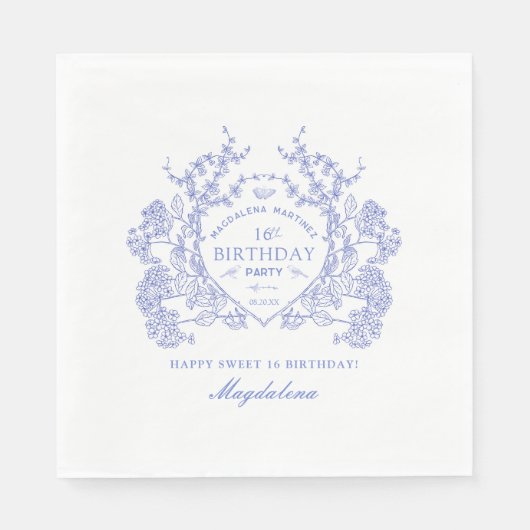 Sweet 16 French Blue Floral Crest Custom Servet (Voorkant)