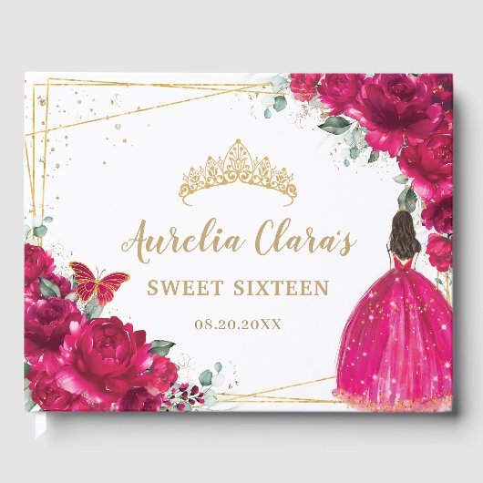 Sweet 16 Fuchsia Hot Roze Bloemen Prinses Gastenboek (Voorkant)