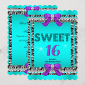 Sweet 16 Fun Party Zebra Blauwgroen Blue Paars Bow Kaart (Voorkant / Achterkant)