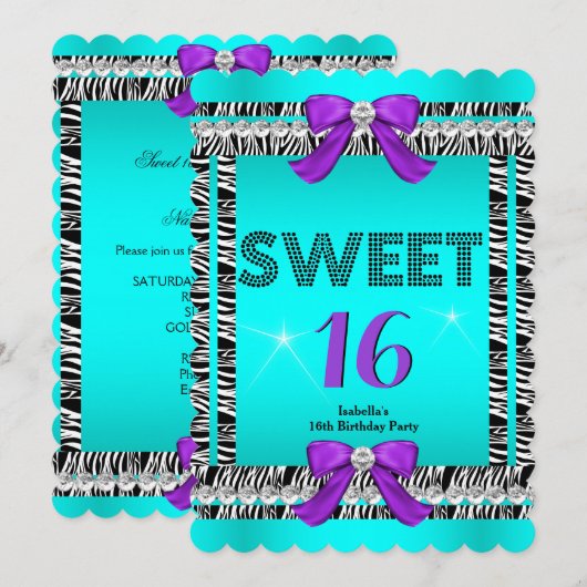 Sweet 16 Fun Party Zebra Blauwgroen Blue Paars Bow Kaart (Voorkant / Achterkant)