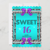Sweet 16 Fun Party Zebra Blauwgroen Blue Paars Bow Kaart (Voorkant)