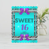 Sweet 16 Fun Party Zebra Blauwgroen Blue Paars Bow Kaart (Staand voorkant)