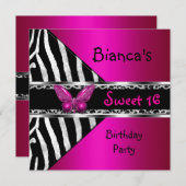 Sweet 16 Fushia Pink Silver Black Zebra Leopard Kaart (Voorkant / Achterkant)