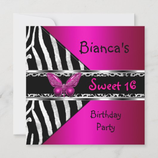 Sweet 16 Fushia Pink Silver Black Zebra Leopard Kaart (Voorkant)