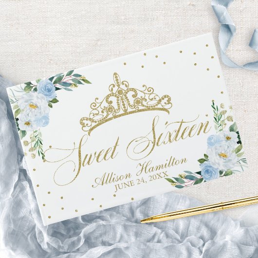Sweet 16 Gastboek Gold Tiara Baby Blue Floral Gastenboek
