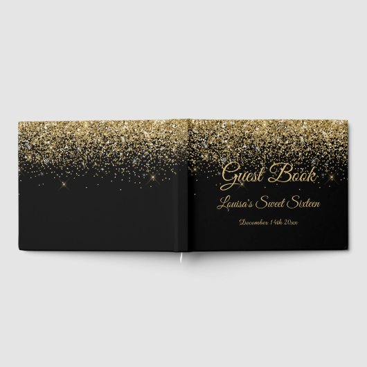 Sweet 16 Gastenboek Elegant Zwart & Goud Glitter (Volledig)