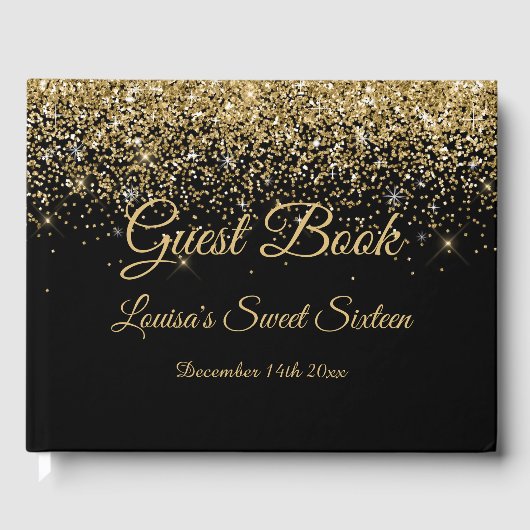 Sweet 16 Gastenboek Elegant Zwart & Goud Glitter (Voorkant)